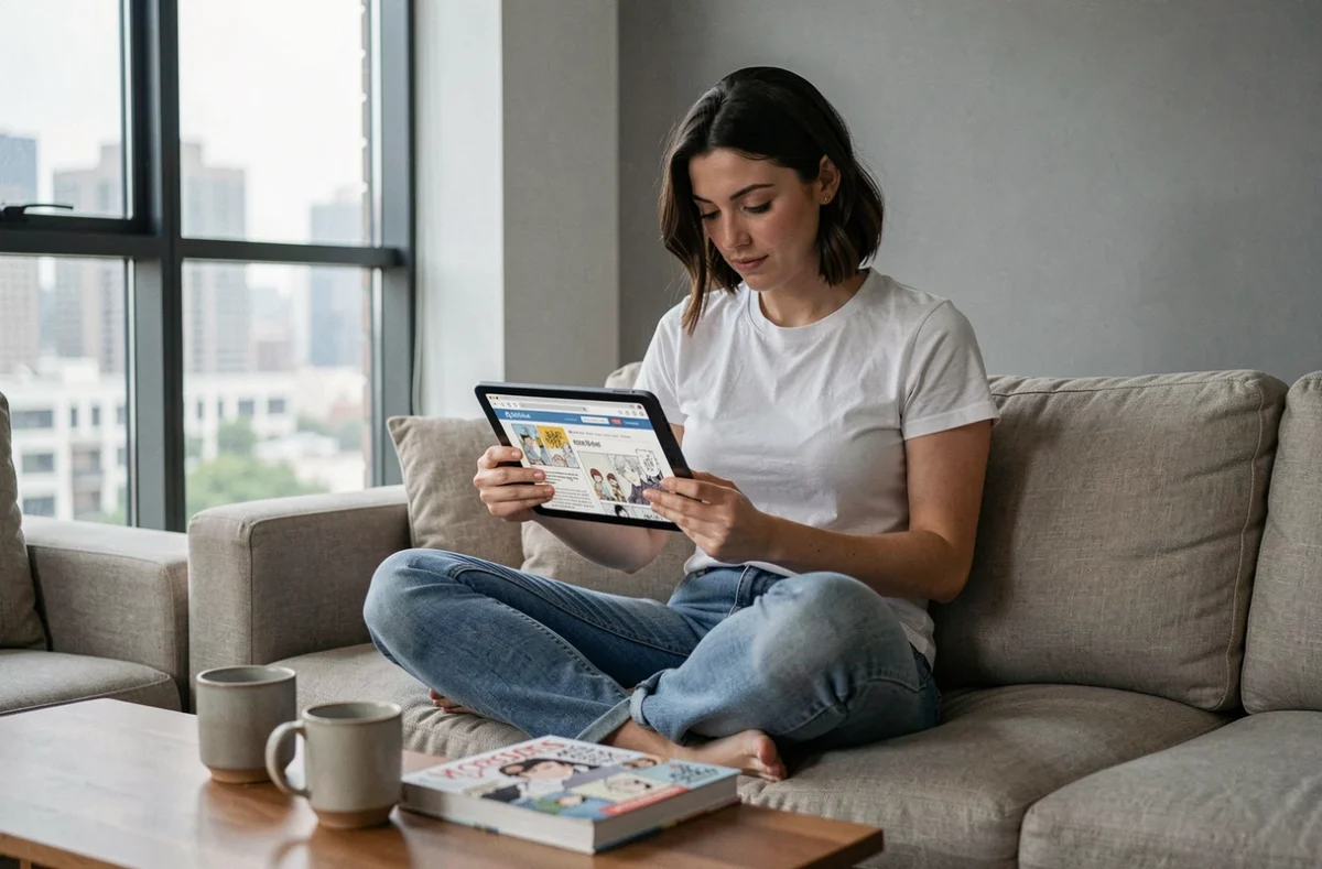 Femme parcourant un site de lecture de manga sur tablette dans un appartement moderne, cherchant un chapitre de scan traduit