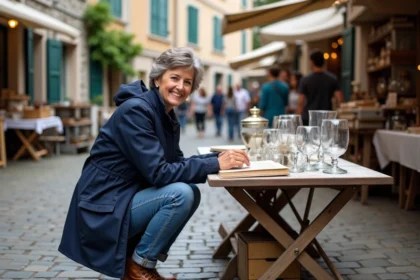 Femme souriante en imper bleu au marché aux antiquités