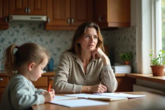Femme d'âge moyen dans la cuisine avec un enfant dessinant