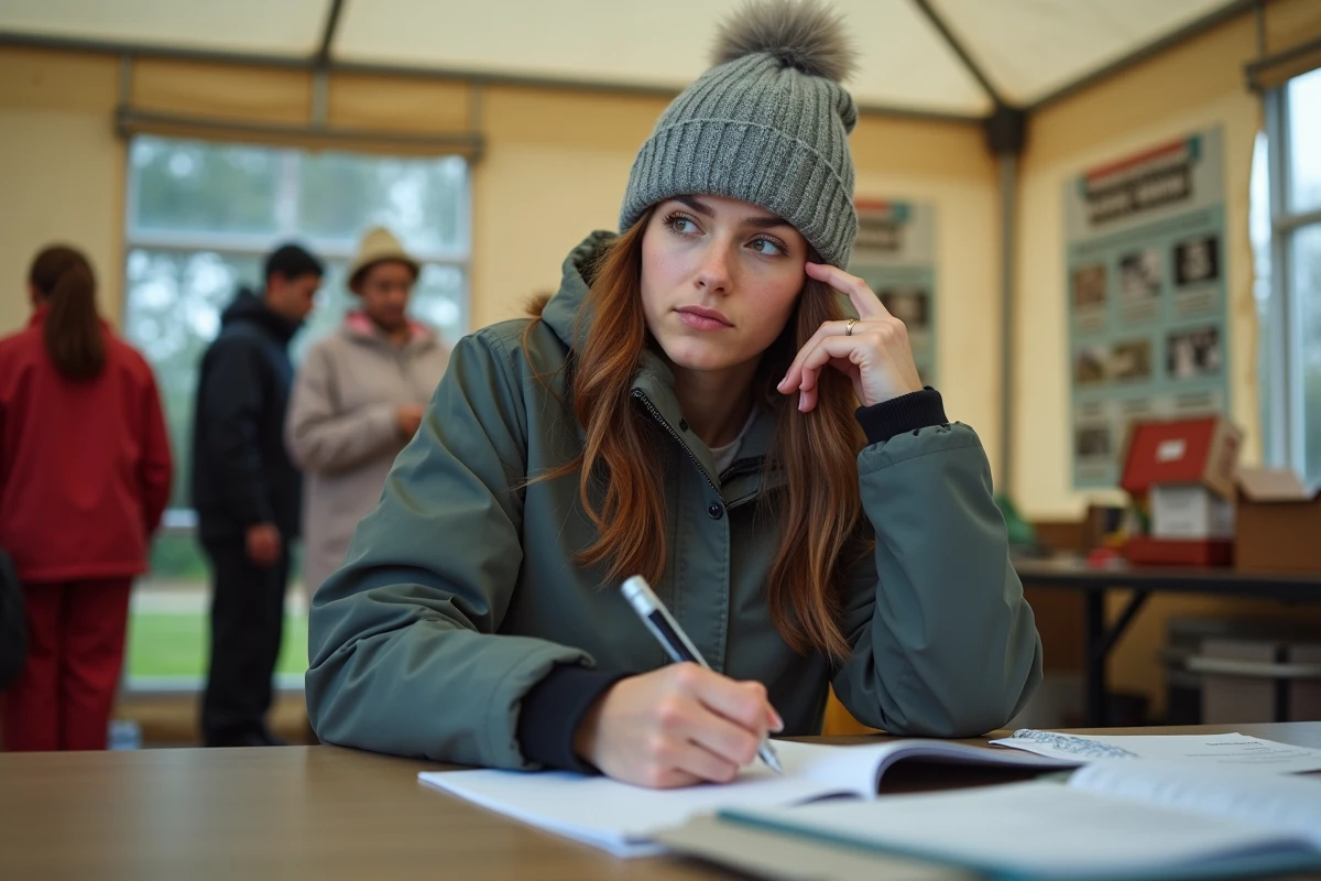 Femme écrivant dans un centre de secours en plein air