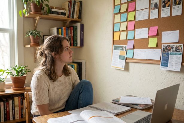 Jeune femme réfléchissant devant un mur de postit