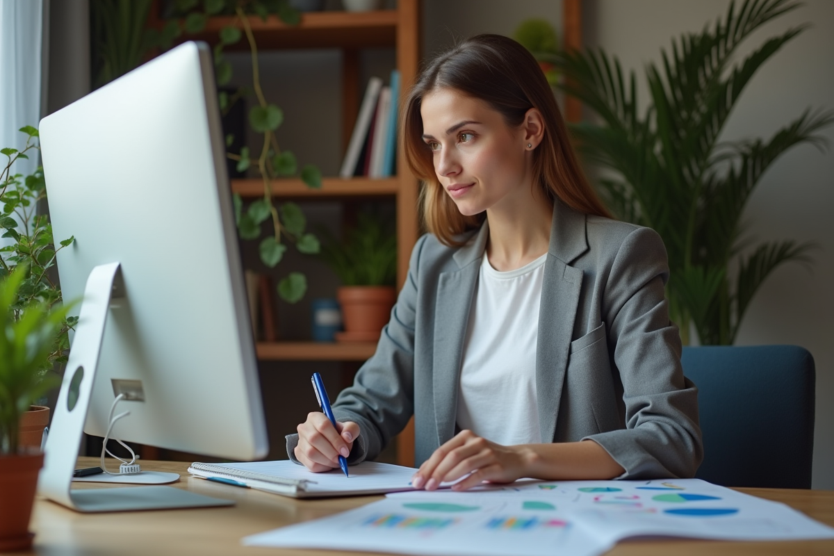 Jeune femme analysant des graphiques dans son bureau à domicile