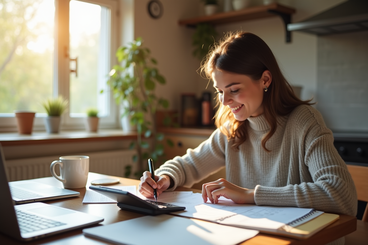 Jeune femme souriante organise ses finances à la maison