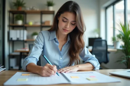 Jeune femme professionnelle note dates sur un calendrier