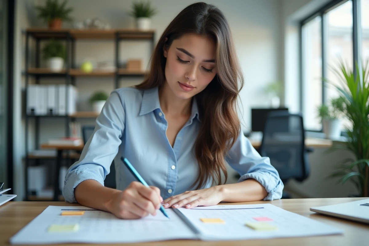 Jeune femme professionnelle note dates sur un calendrier