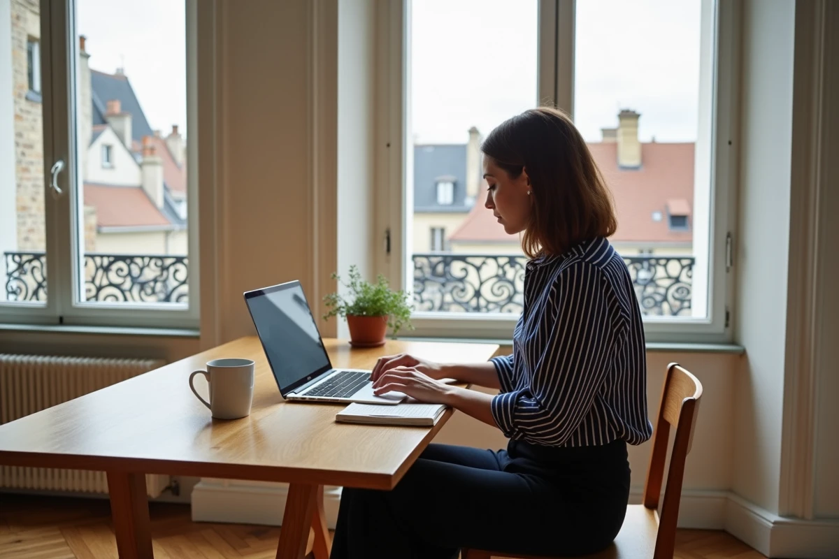 Femme planifiant une sortie sur un site d'événements depuis son appartement à Bordeaux