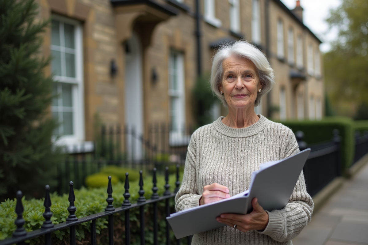 Femme mature tenant dossier devant maison ancienne