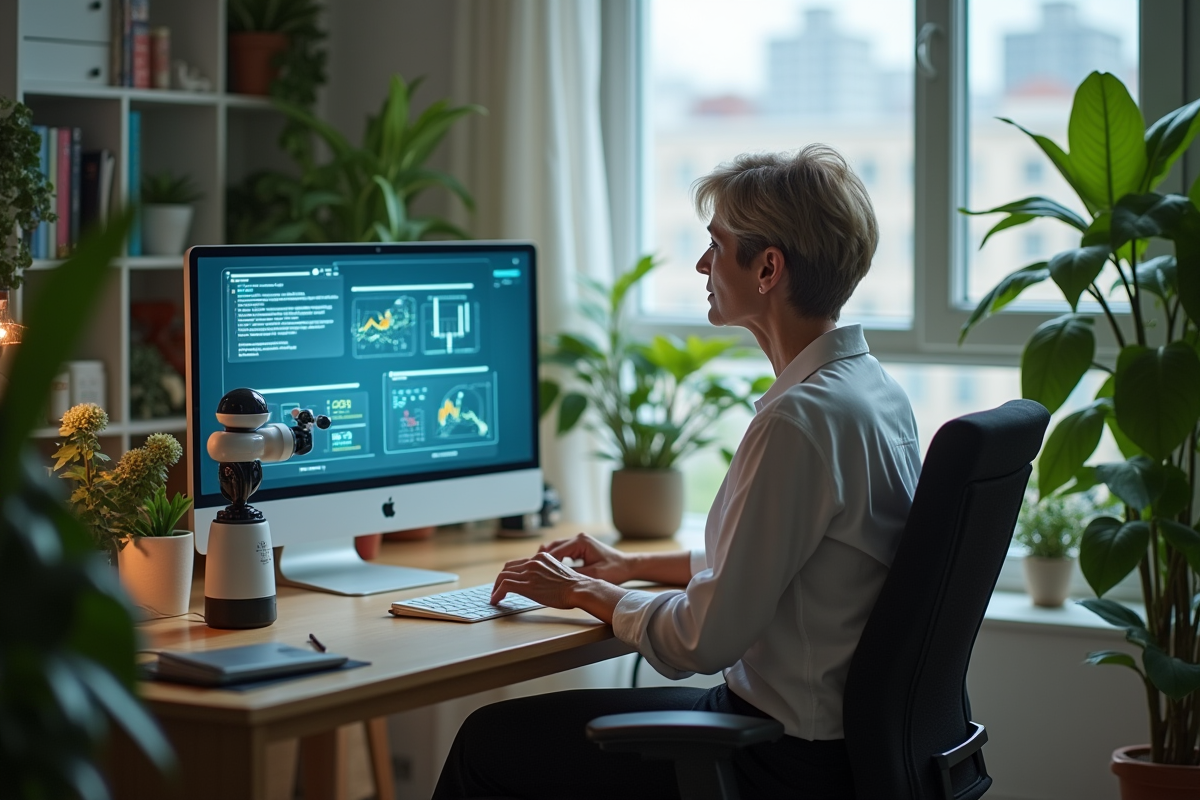 Femme mature guidant des robots dans un espace de travail domestique avec plantes
