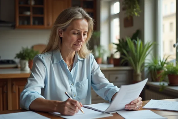 Femme française regardant son livret A à la maison