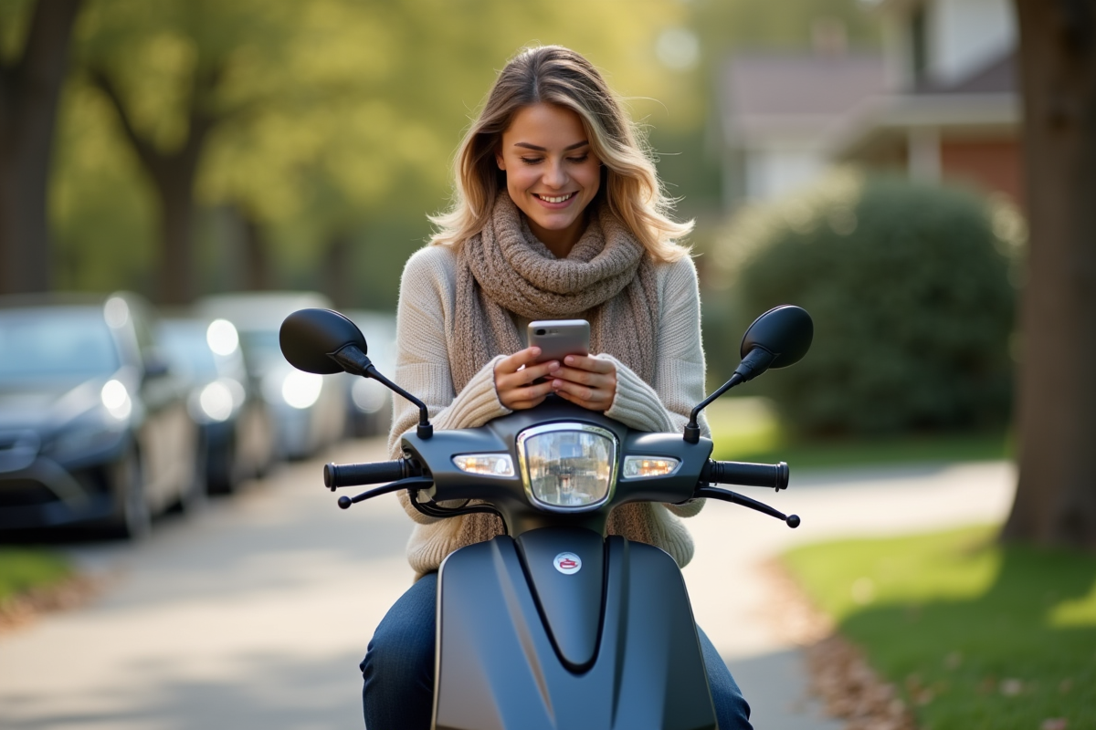 Femme souriante avec scooter Honda Dax dans la rue résidentielle