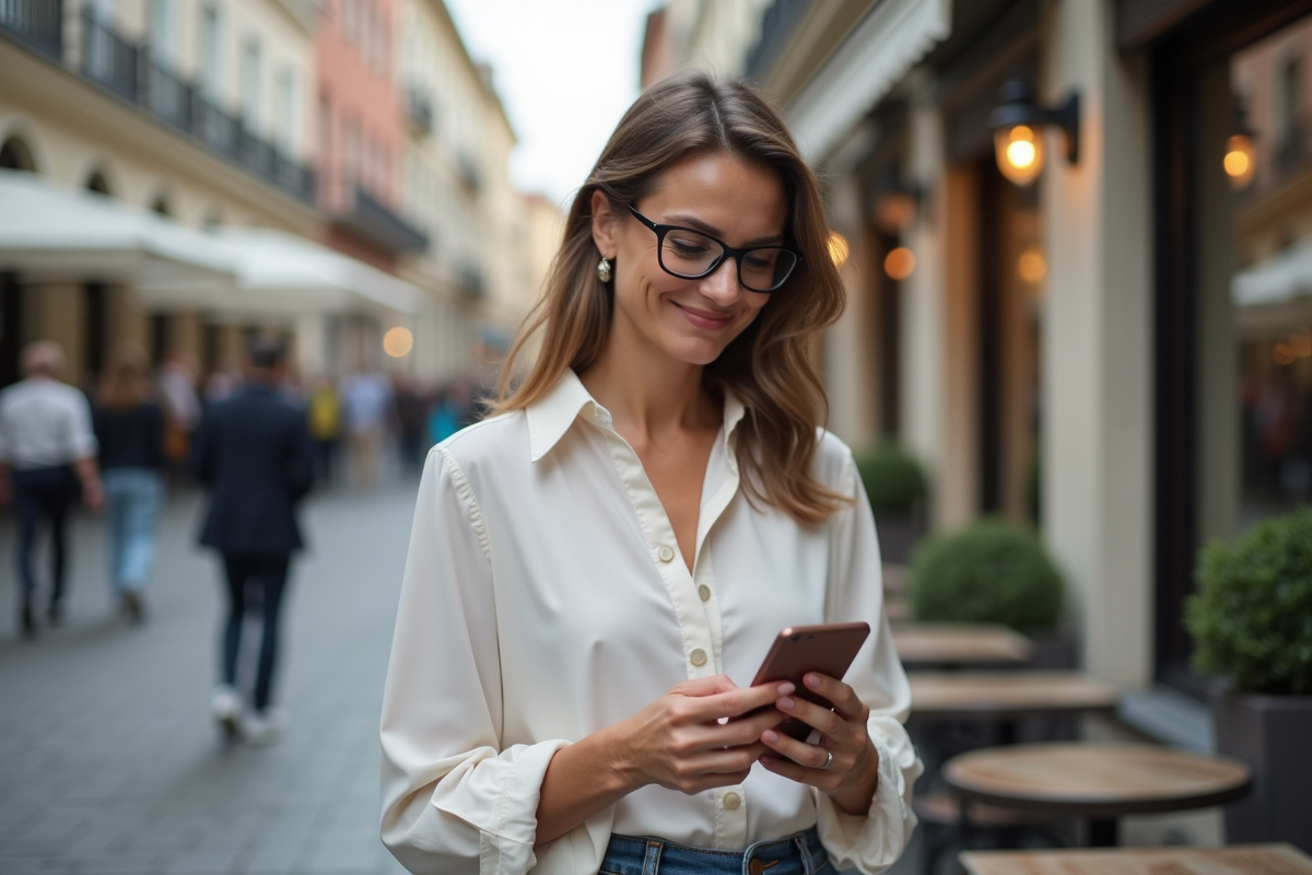 Femme souriante utilisant son smartphone en terrasse de café urbaine