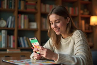 Femme jouant à Monopoly GO sur smartphone en cherchant un code récompense actif pour le Club des magnats