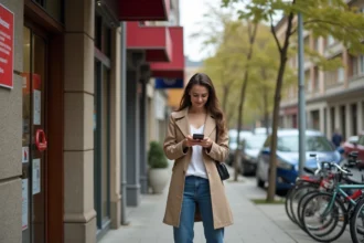Femme en trench et jeans vérifiant son smartphone devant un magasin de proximité