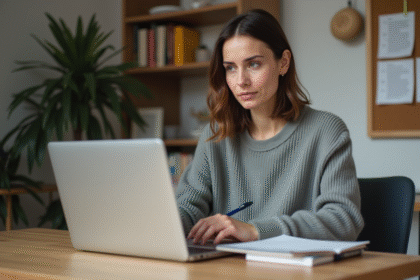Femme concentrée travaillant sur son ordinateur dans un bureau moderne