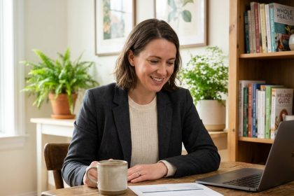 Femme souriante travaillant sur un document CPF à la maison