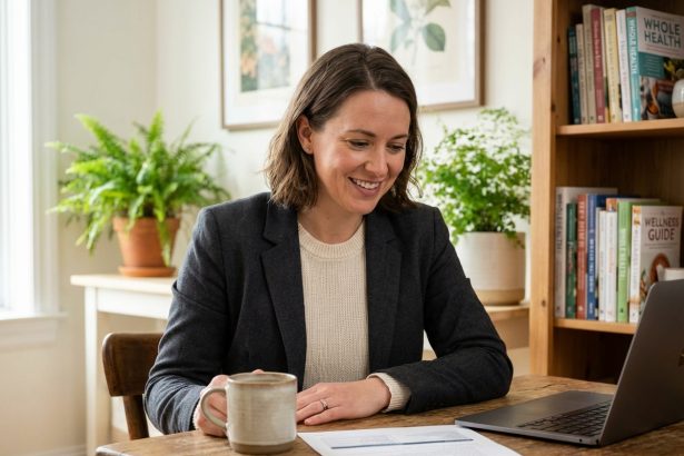 Femme souriante travaillant sur un document CPF à la maison