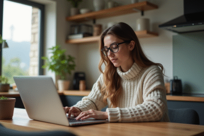 Femme travaillant sur un ordinateur dans une cuisine moderne