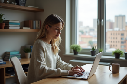 Femme travaillant sur un laptop dans un bureau moderne