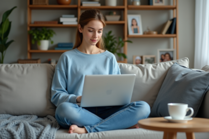 Jeune femme travaillant sur son ordinateur dans son salon cosy