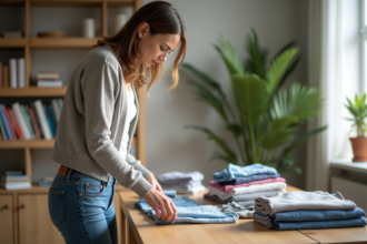 Femme en train de plier des vêtements dans un salon lumineux