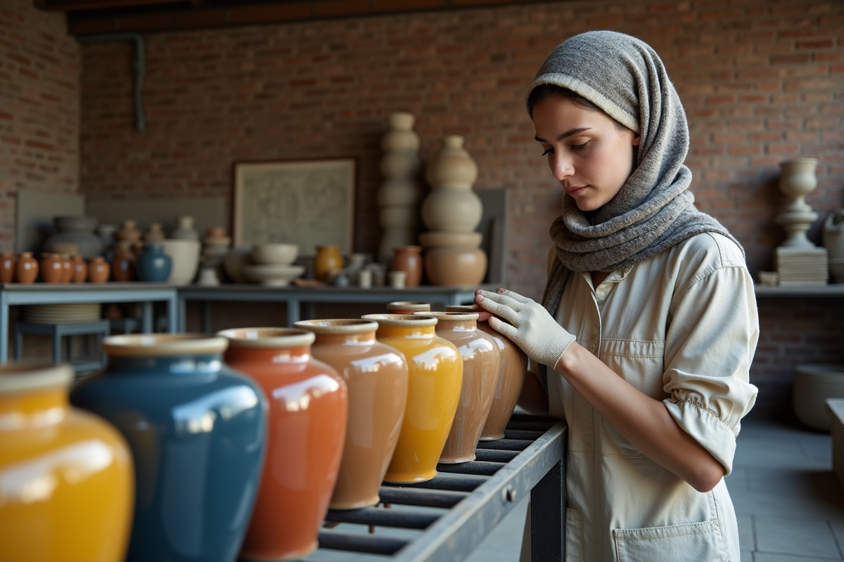 Jeune femme inspectant des vases émaillés dans un atelier