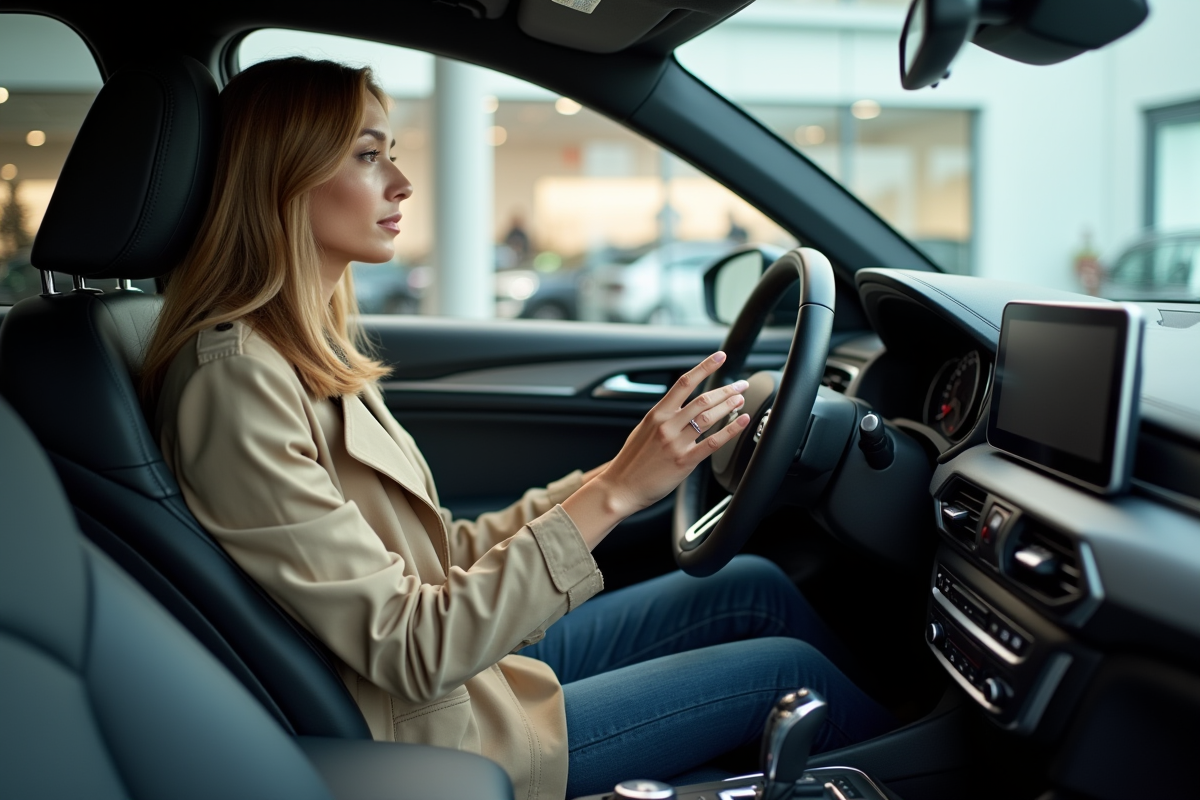 Femme vérifiant le tableau de bord dans une concession automobile