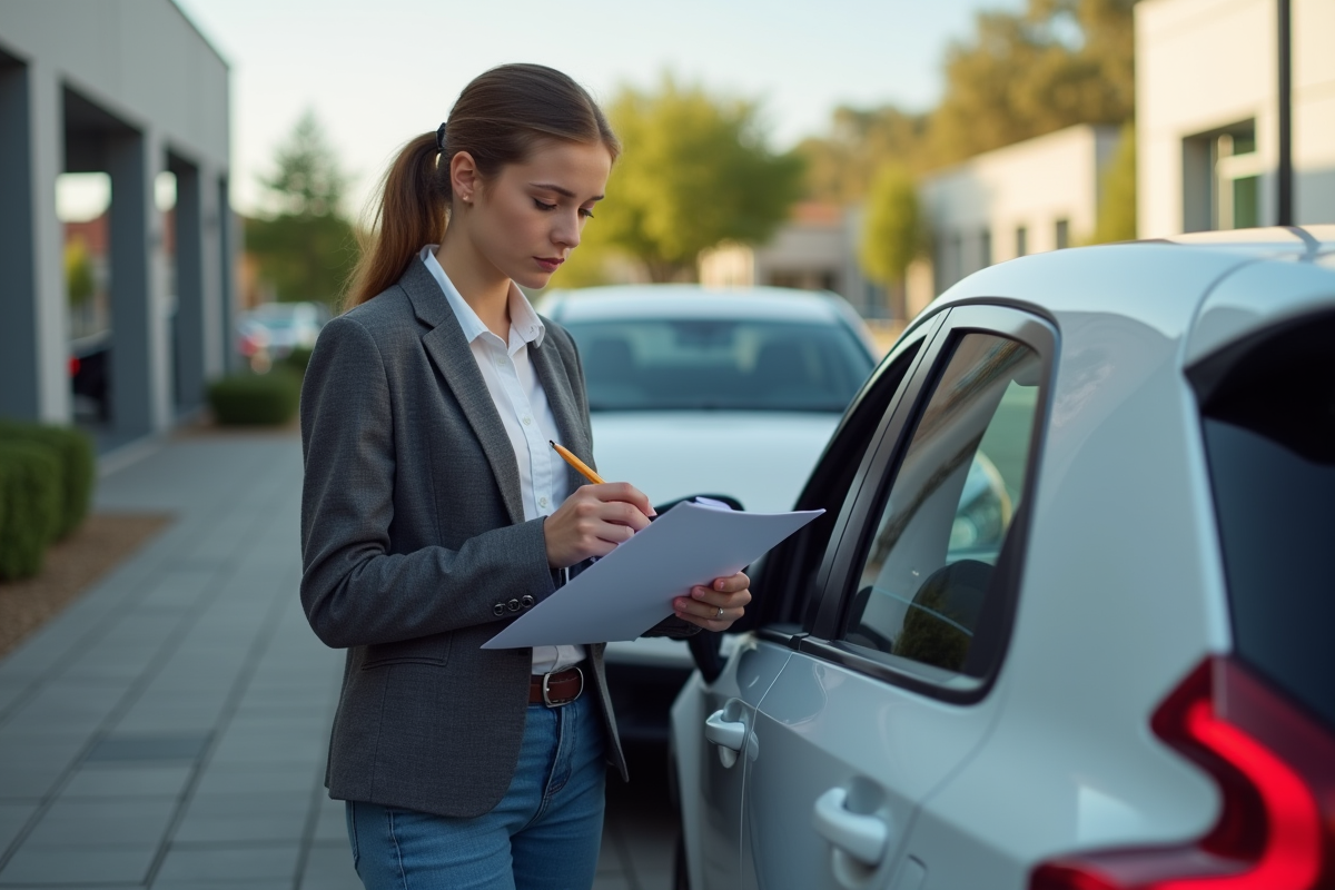 Jeune femme vérifiant une voiture d