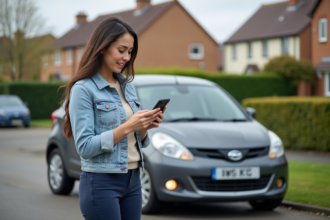 Jeune femme avec voiture compacte dans la rue résidentielle