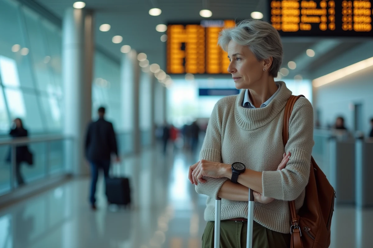 Femme d'âge moyen vérifiant l'heure à l'aéroport