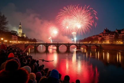 Feu d'artifice du Nouvel An 2026 à Lyon avec reflets sur la Saône et la basilique de Fourvière en arrière-plan