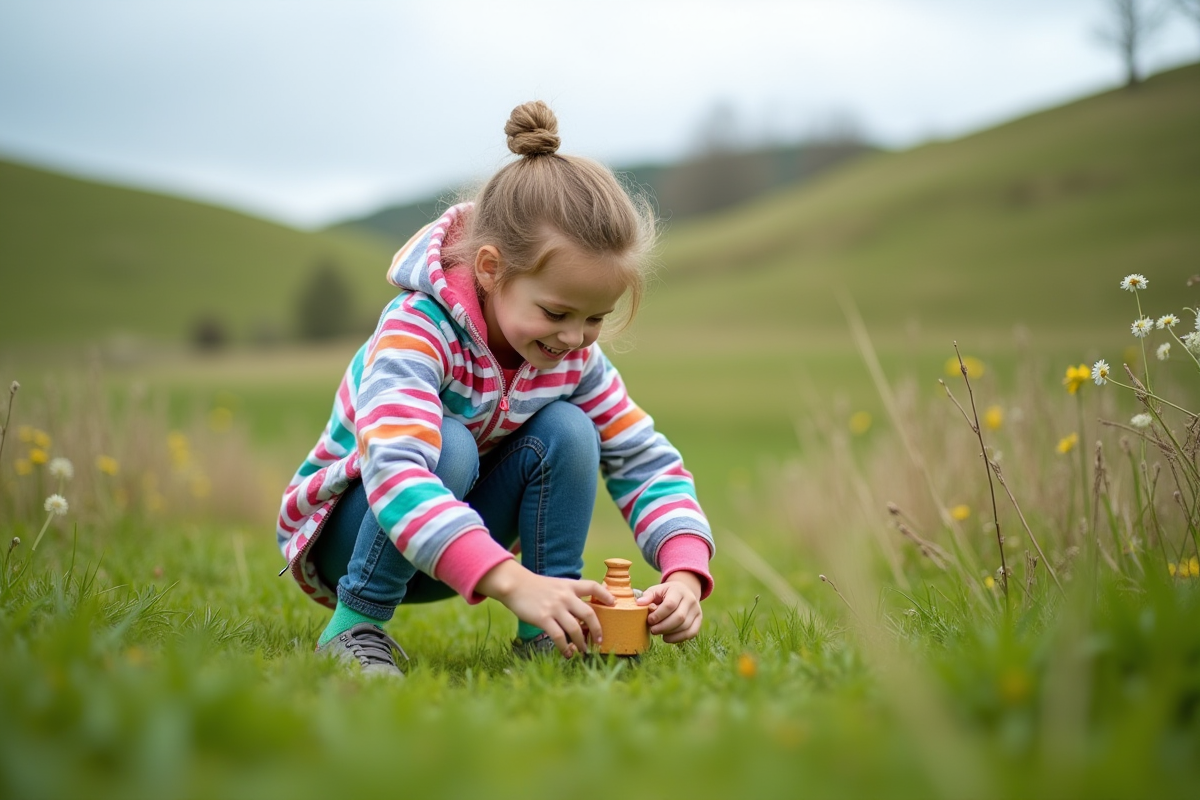 Jeune fille en plein chasse au trésor dans un champ printanier