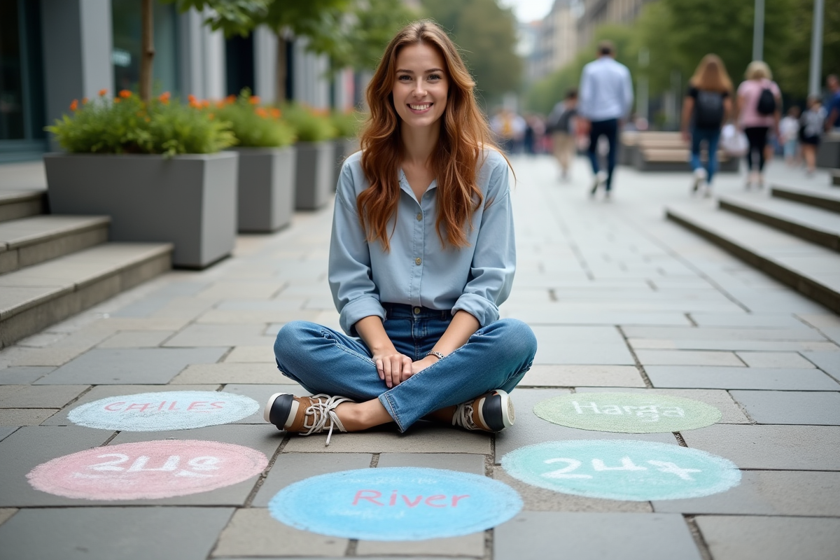Jeune femme assise sur des marches avec cercles SDG dessinés au chalk