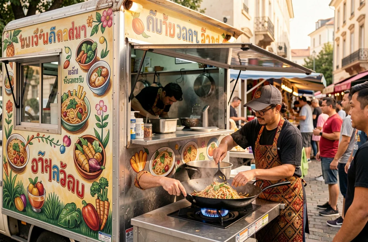 Food Truck Thaï servant des plats authentiques lors d'un événement en plein air en France