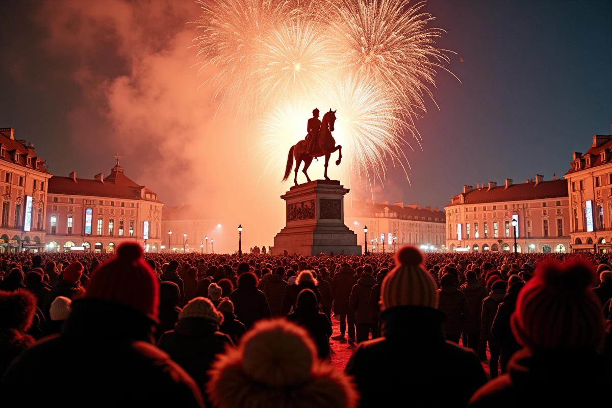 Foule réunie place Bellecour à Lyon pour le feu d'artifice du Nouvel An 2026, statue équestre visible au centre