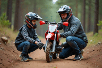 Jeune garçon en motocross sur Yamaha PW50 avec son père