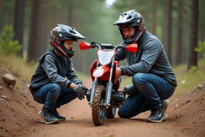 Jeune garçon en motocross sur Yamaha PW50 avec son père