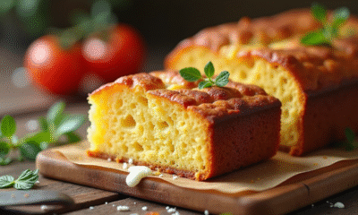 Gâteau au chorizo et feta tranché sur table en bois rustique