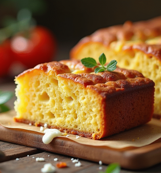 Gâteau au chorizo et feta tranché sur table en bois rustique