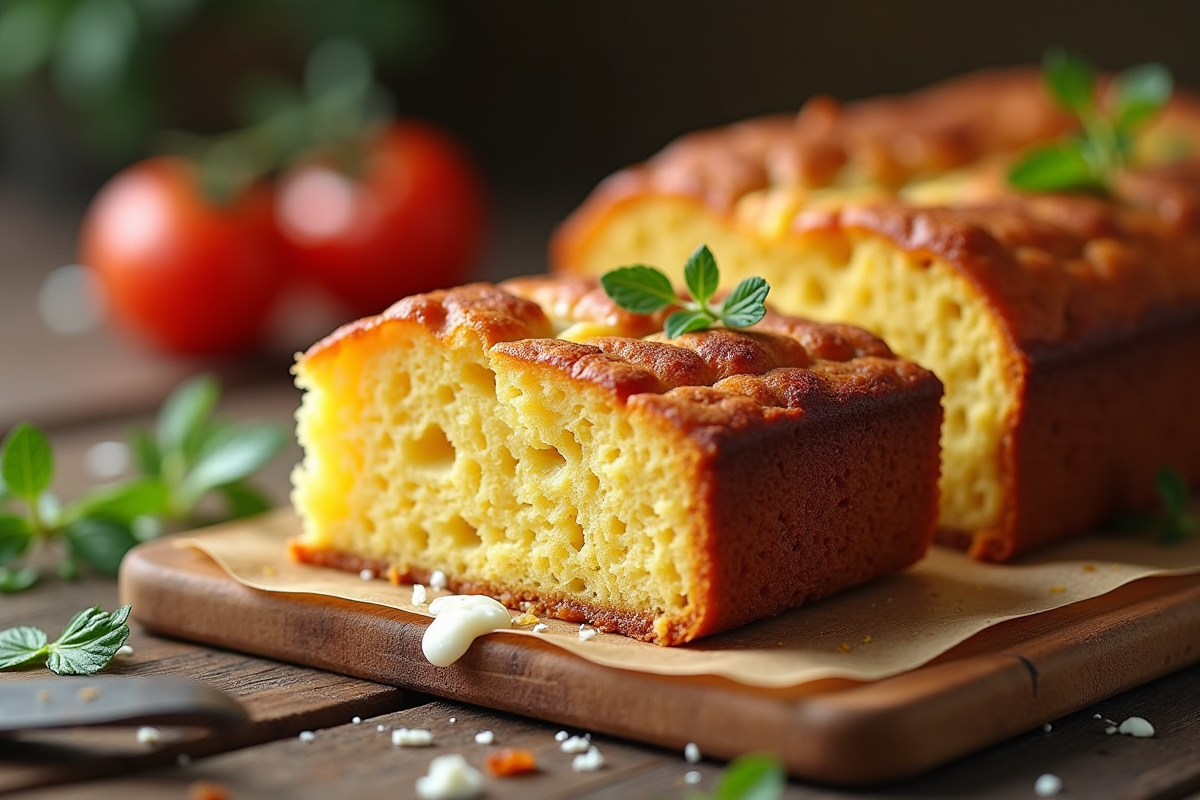 Gâteau au chorizo et feta tranché sur table en bois rustique