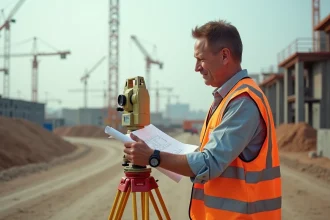 Ingénieur topographe homme inspectant un plan de site en extérieur