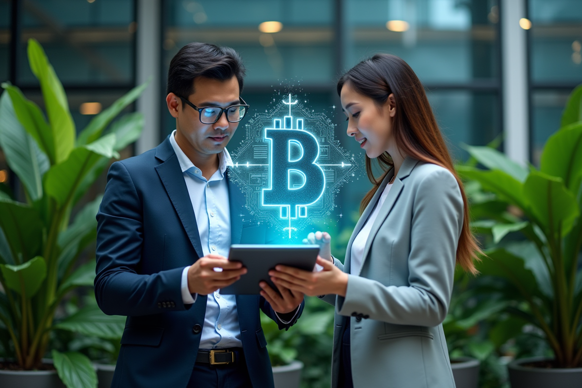 Gloffice moderne avec deux professionnels et interface blockchain