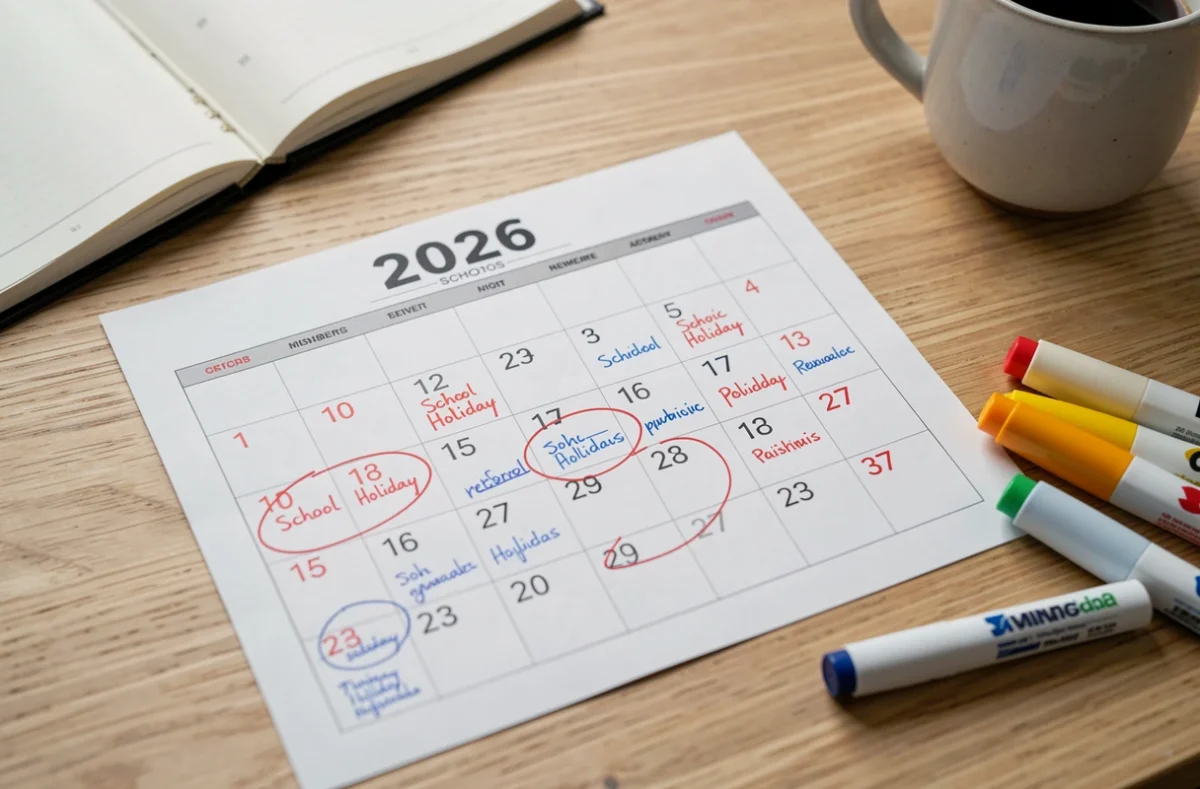 Gros plan d'un calendrier scolaire 2026 imprimé sur un bureau en bois avec des marqueurs colorés et des dates de vacances entourées