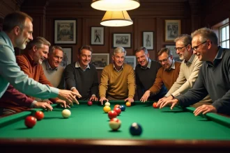 Groupe d'adultes autour d'une table de billard vintage
