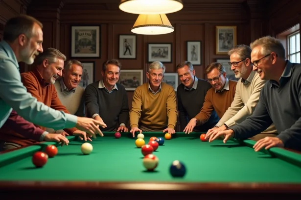 Groupe d'adultes autour d'une table de billard vintage