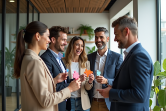 Cinq adultes souriants avec pièces de puzzle dans un bureau moderne