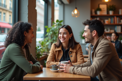 Trois adultes souriants dans un café convivial