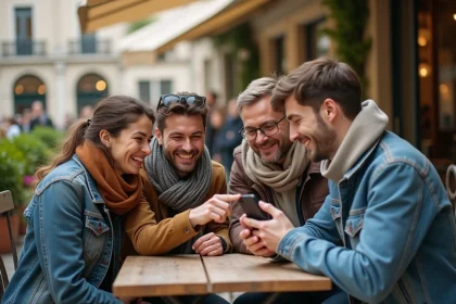 Groupe d'amis organisant une sortie à Bordeaux autour d'un smartphone en terrasse de café