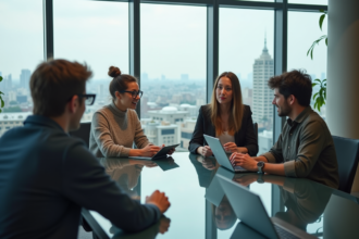 Groupe de jeunes adultes en réunion de travail moderne