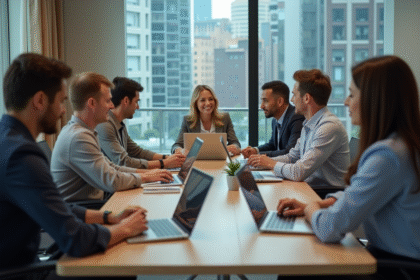 Groupe de professionnels en réunion dans un bureau moderne