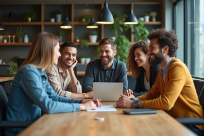 Groupe de jeunes professionnels collaborant dans un espace de coworking moderne